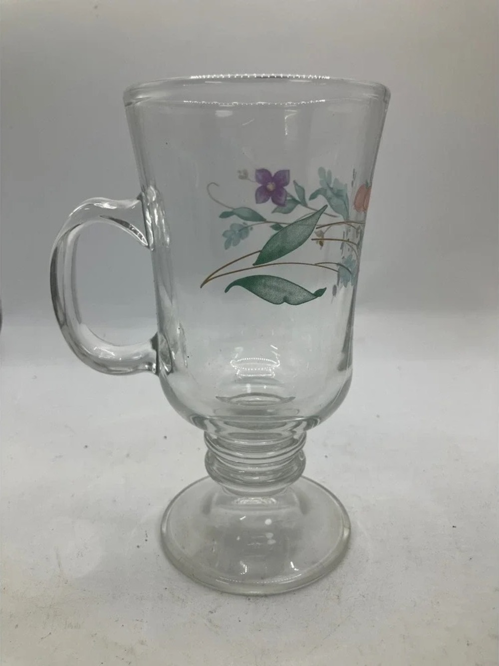 Clear Floral Glass Pedestal Mug with Green and Purple Accents
